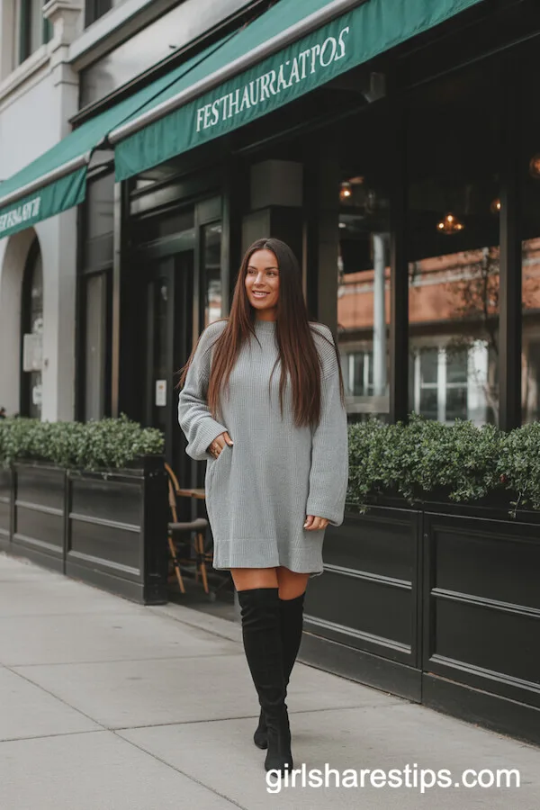 Cozy Gray Sweater Dress Over-the-Knee Black Boots