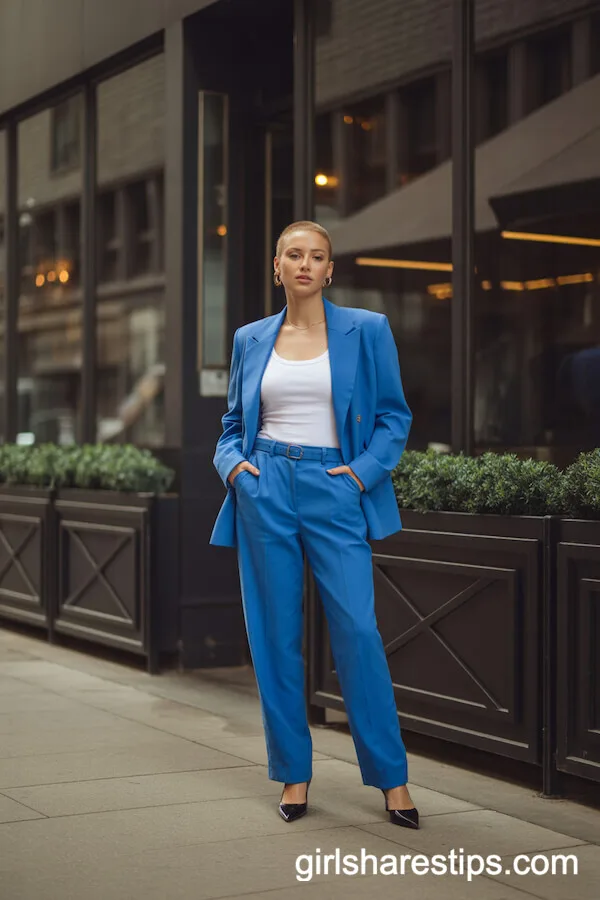 Cobalt Blue Power Suit with White Tank Top