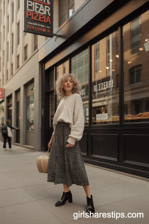 Black-and-White Patterned Midi Skirt Cream Knit Sweater