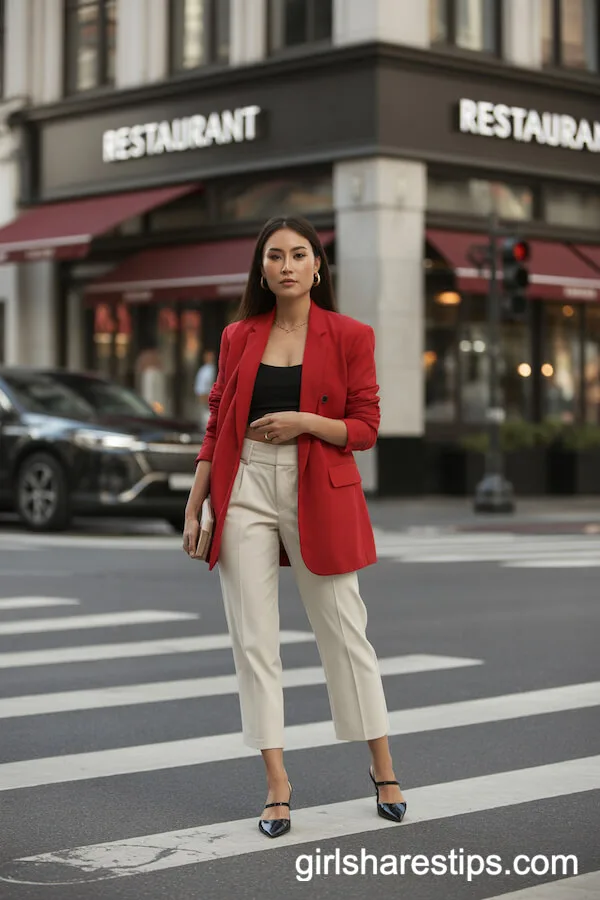 Bold Red Blazer and Cream Cropped Pants Outfit