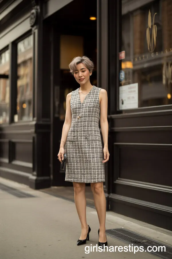 Sleeveless Tweed Dress with Classic Black Pumps