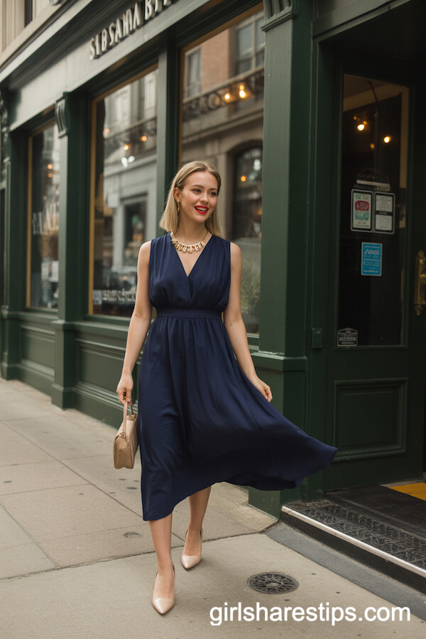 Chic Navy Blue Midi Dress with Gold Statement Accessories