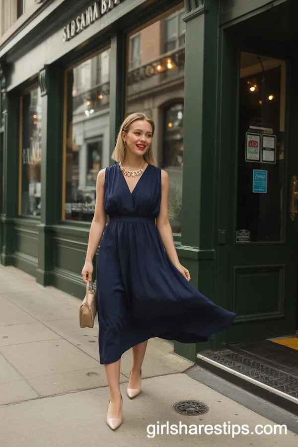 Chic Navy Blue Midi Dress with Gold Statement Accessories
