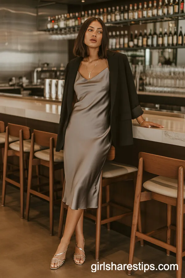 Steel-Gray Silk Slip Dress with Loose Black Blazer