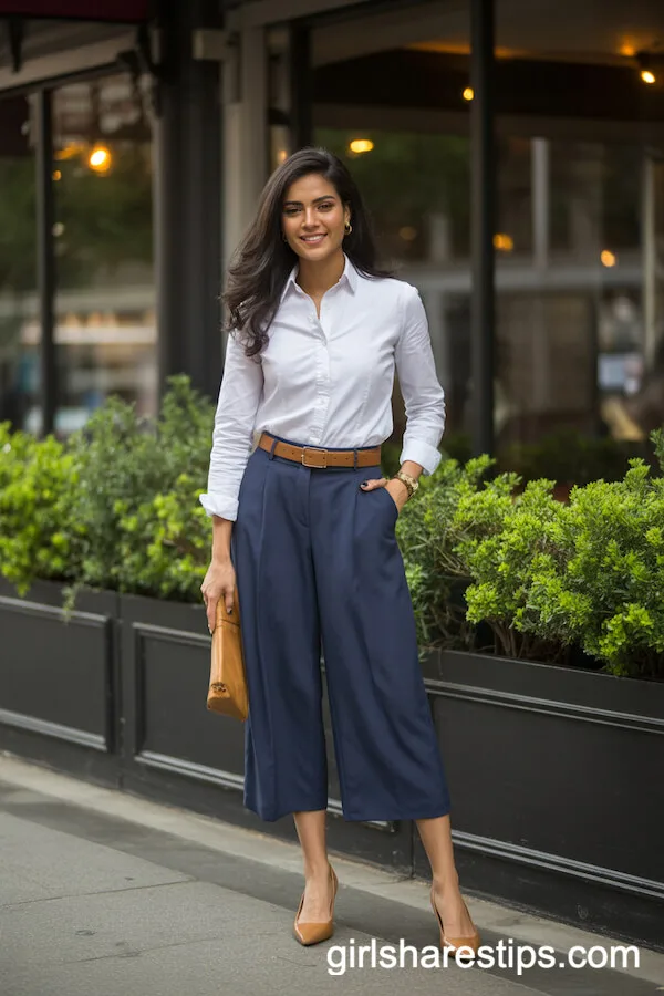 Navy Blue Culottes with Crisp White Blouse