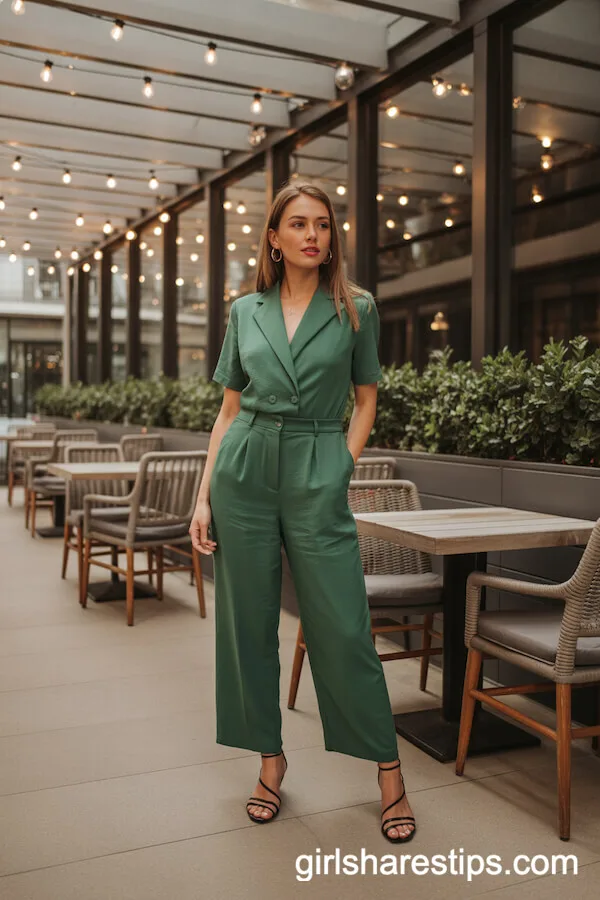 Emerald Green Tailored Jumpsuit with Strappy Sandals