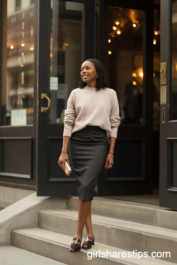 Beige Sweater and Black Pencil Skirt Ensemble