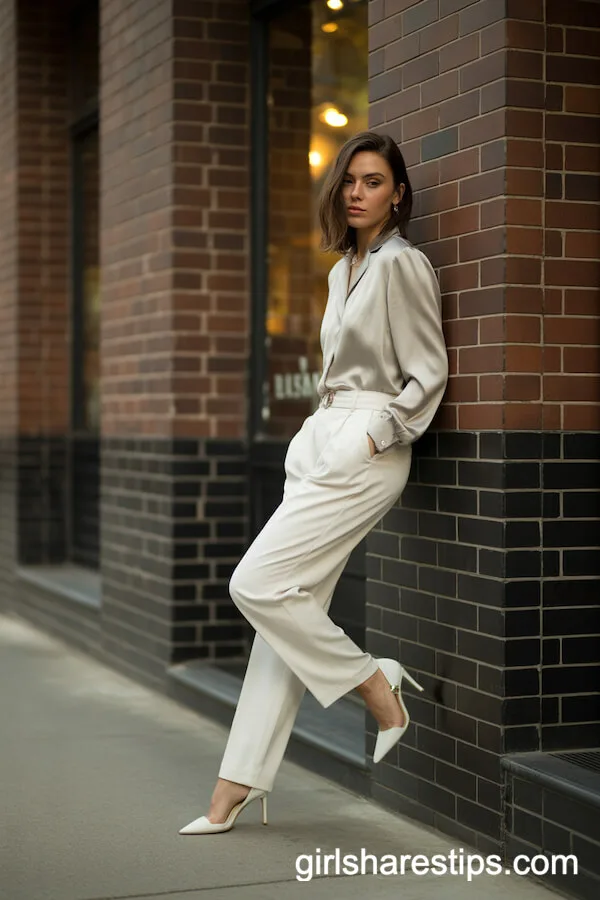 All-White Outfit: Tailored Trousers and Silky Blouse