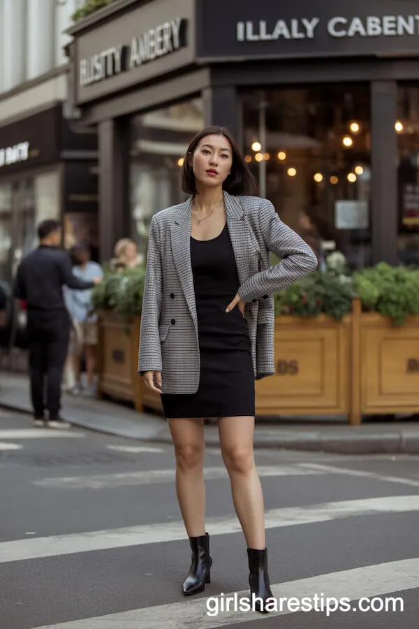 Classic Little Black Dress with a Grey Checked Blazer