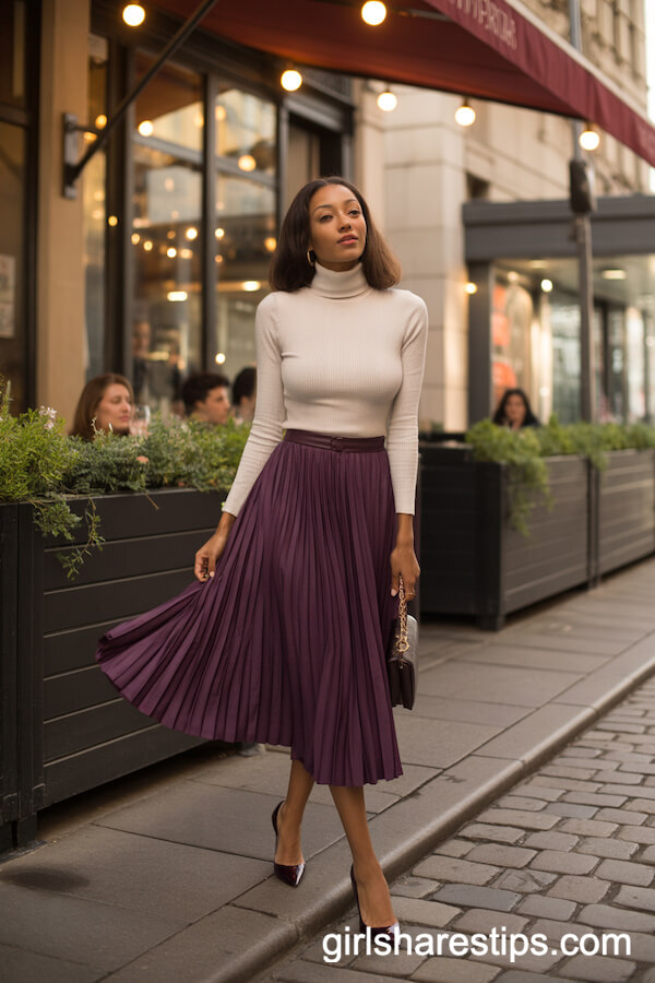 Plum Pleated Midi Skirt with Cream Turtleneck Sweater