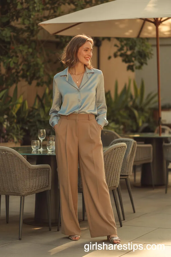 High-Waisted Tan Wide-Leg Trousers Light Blue Silk Blouse