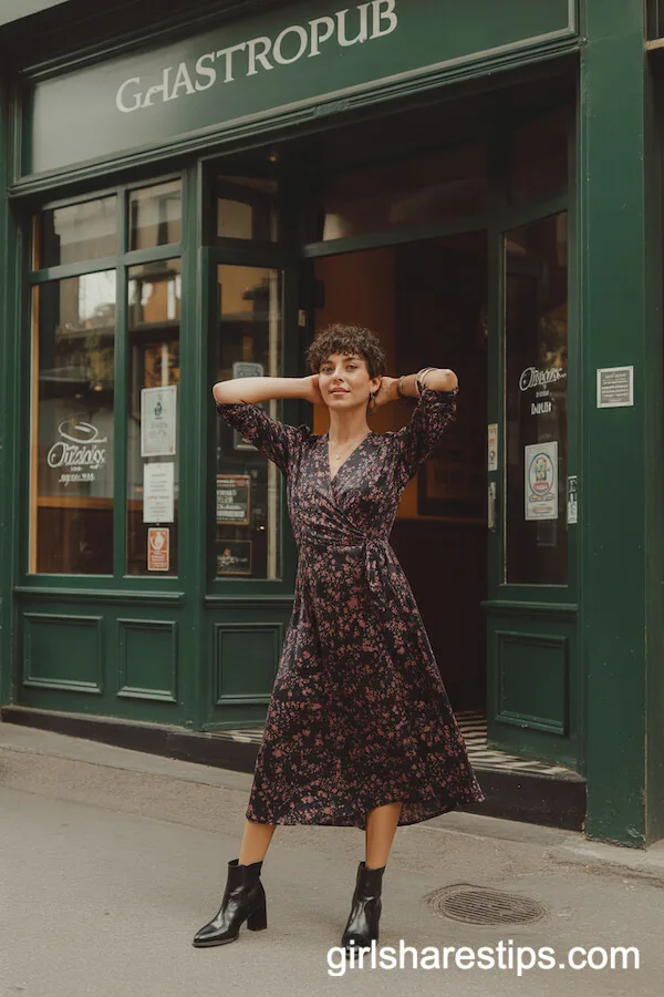 Dark Floral Print Wrap Midi Dress with Ankle Boots