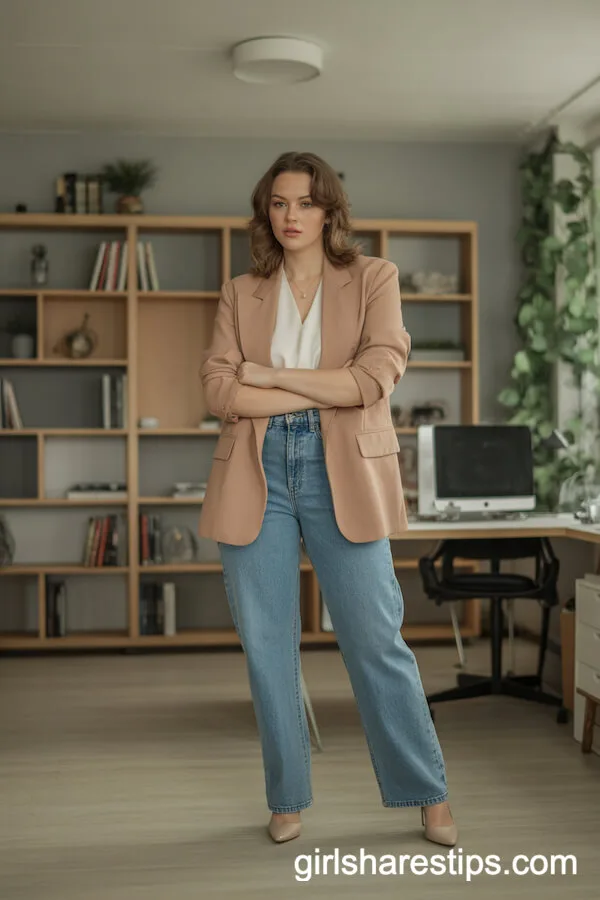 Tailored Beige Blazer with White Blouse and High-Waisted Jeans