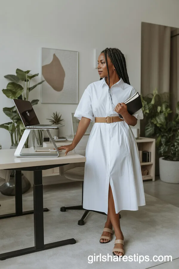 Crisp White Shirt Dress with Tan Belt and Minimal Sandals