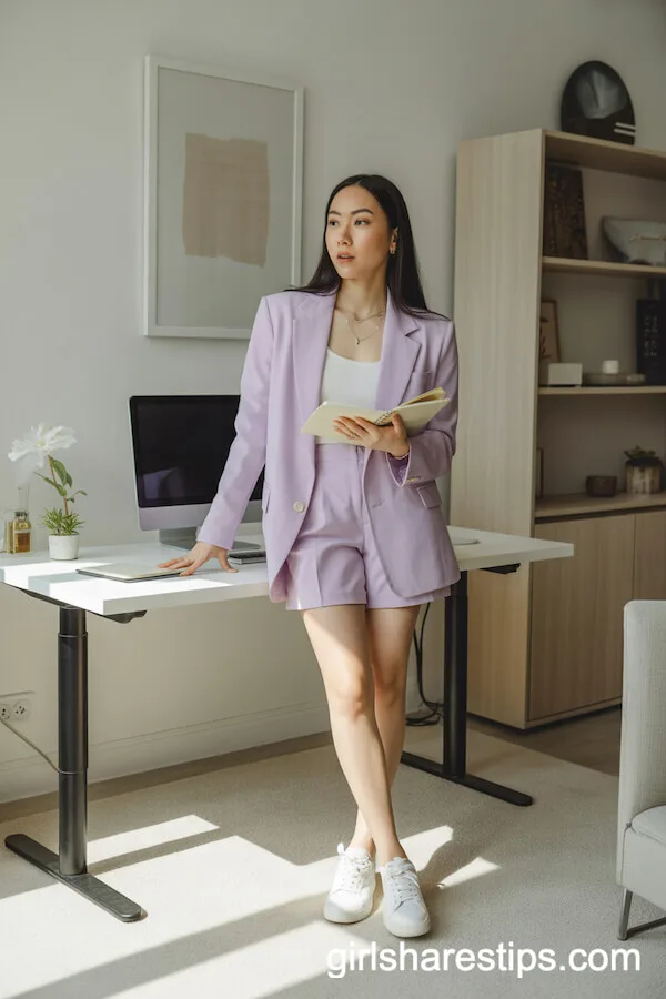 Lilac Suit with Blazer, Tailored Shorts, and White Sneakers