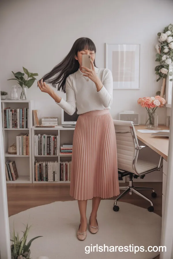Baby Pink Pleated Midi Skirt White Ribbed Sweater