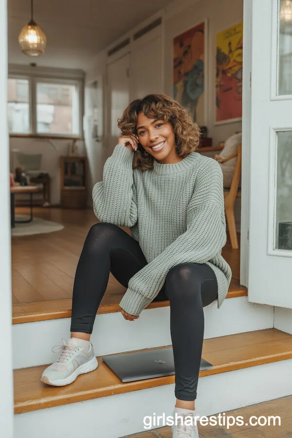 Sage Green Oversized Sweater with Black Leggings and Pastel Sneakers