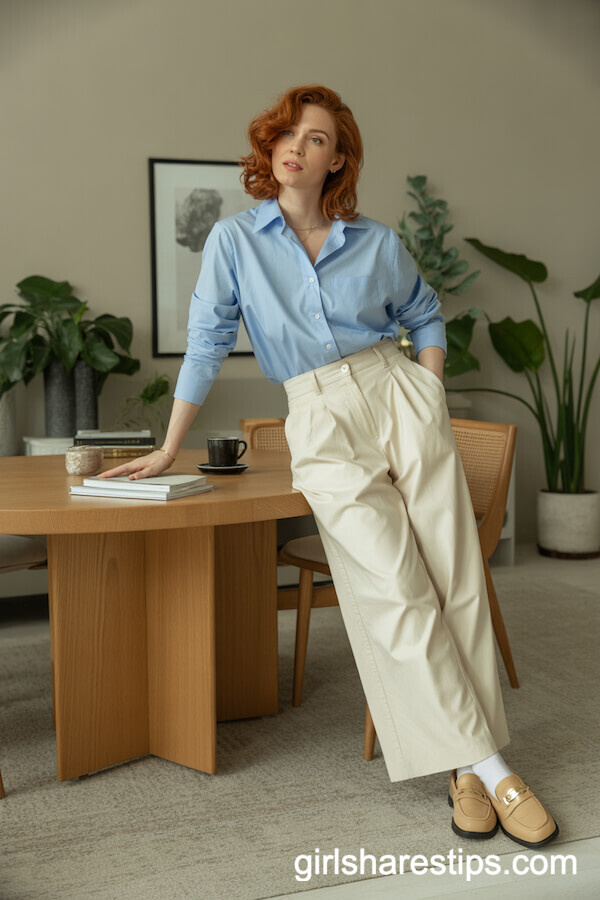 Sky Blue Button-Down with Cream Wide-Leg Trousers and Tan Loafers