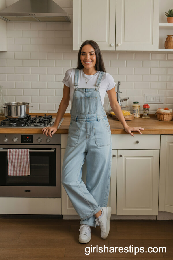 Light Wash Denim Overalls with Fitted White T-Shirt and Sneakers