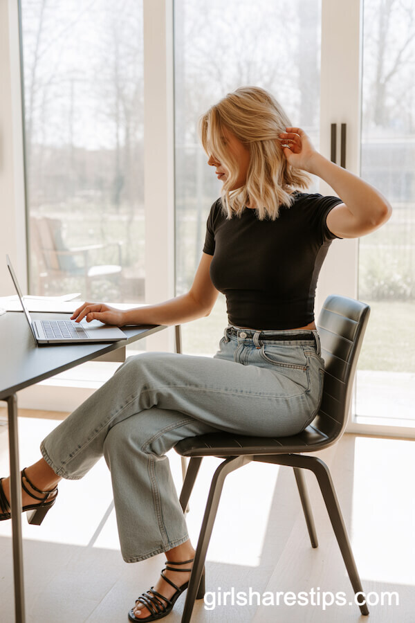 Fitted Black Top with Light-Wash Straight-Leg Jeans and Strappy Sandals
