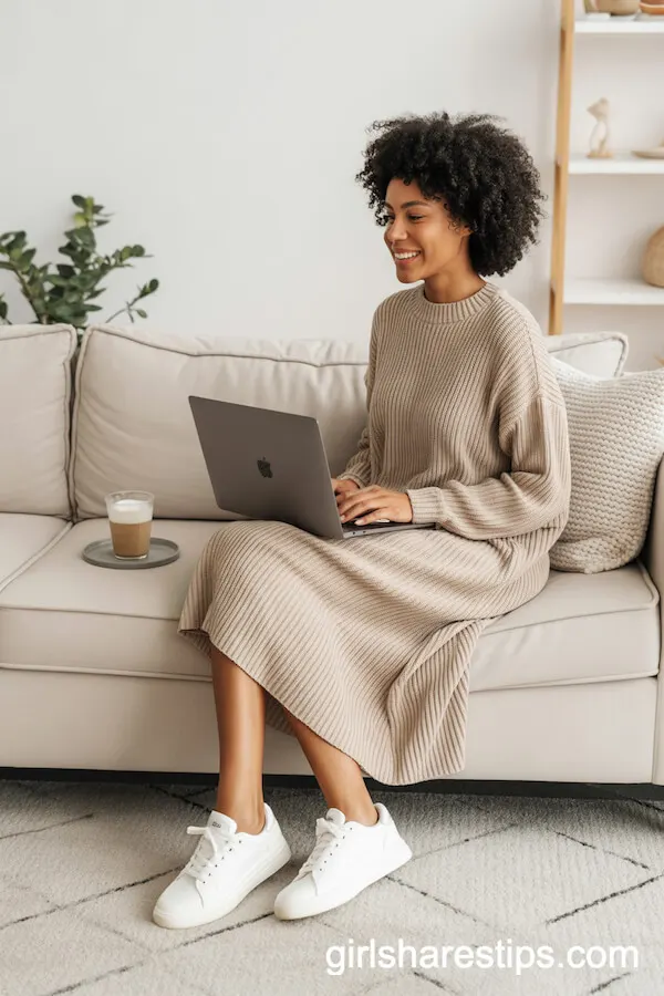 Cozy Knit Midi Dress Paired with White Sneakers