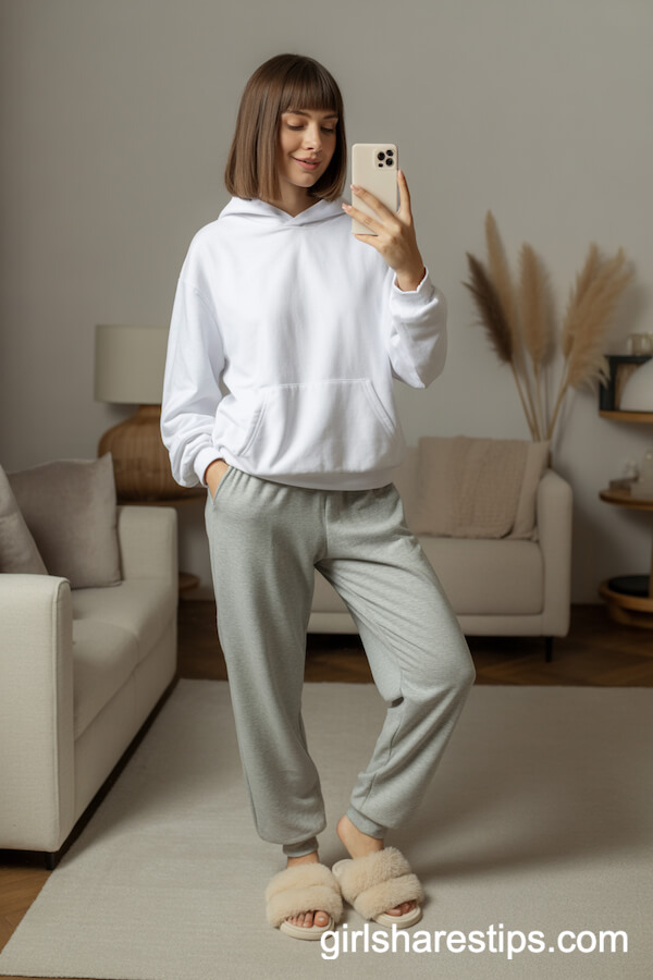 Loose White Hoodie with Soft Gray Joggers and Fluffy Slippers