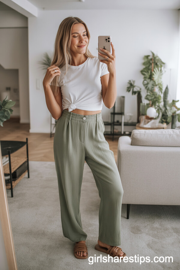 Knotted White T-Shirt with Olive Green Linen Pants and Brown Slide Sandals