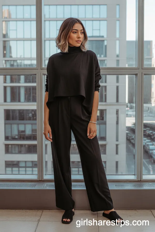 All-Black Turtleneck and Wide-Leg Trousers Ensemble