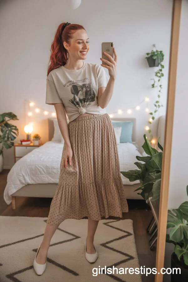 Polka Dot Midi Skirt with Tucked-In Graphic Tee