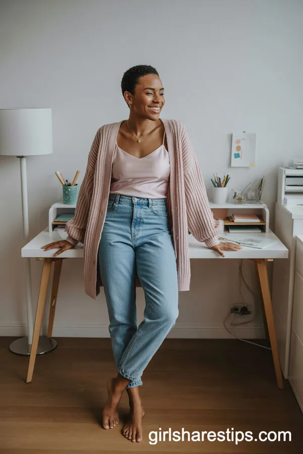 Chunky Pink Cardigan over Camisole and Fitted Mom Jeans