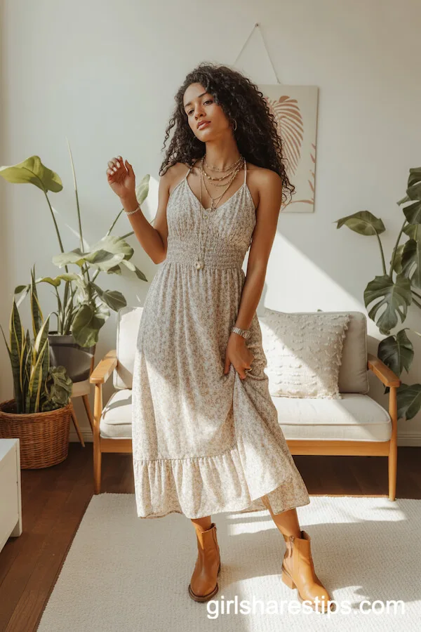 Flowy Floral Maxi Dress with Tan Ankle Boots