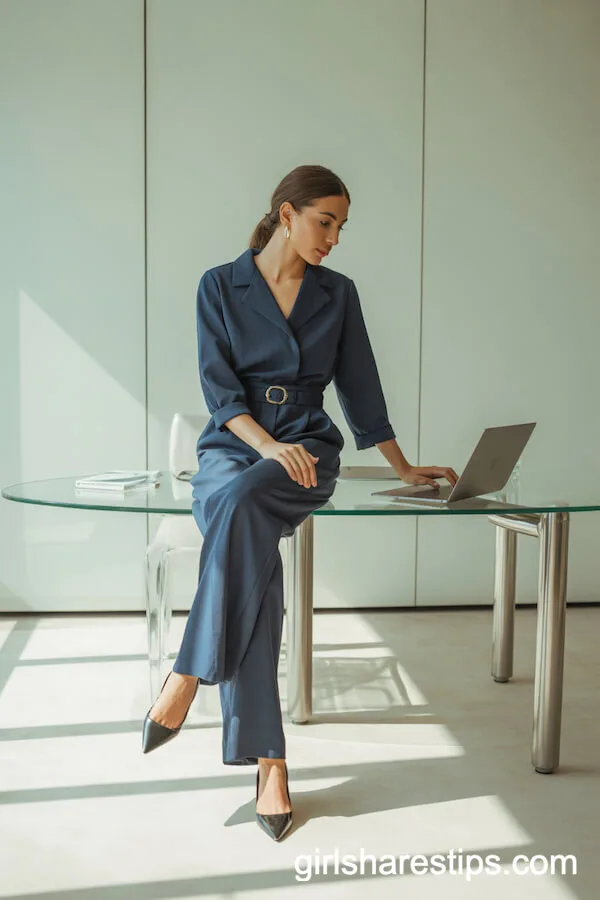 Navy Blue Belted Jumpsuit and Pointed Flats