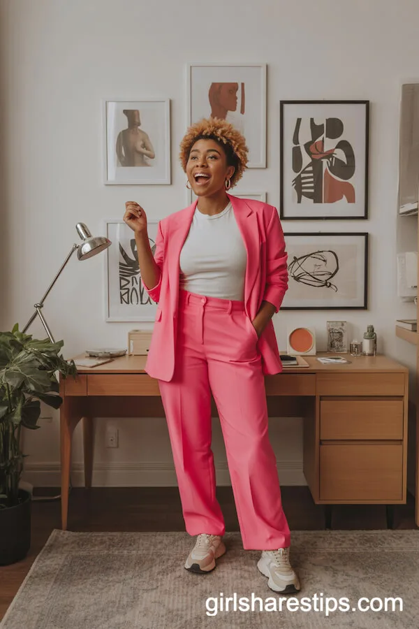 Neon Pink Power Suit with White Tee and Chunky Sneakers
