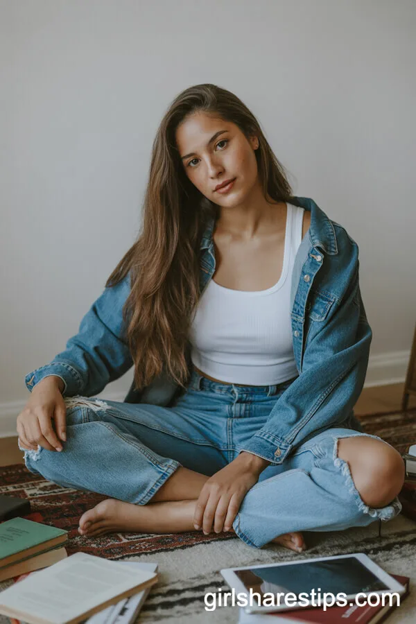 Denim Jacket with White Tank and Ripped High-Rise Jeans