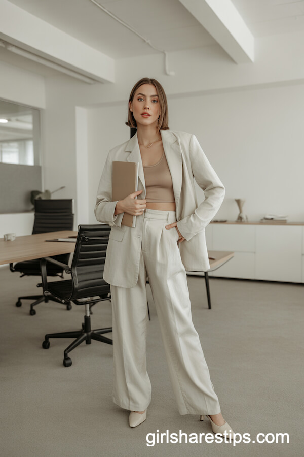 Beige Monochrome Outfit with Wide-Leg Trousers