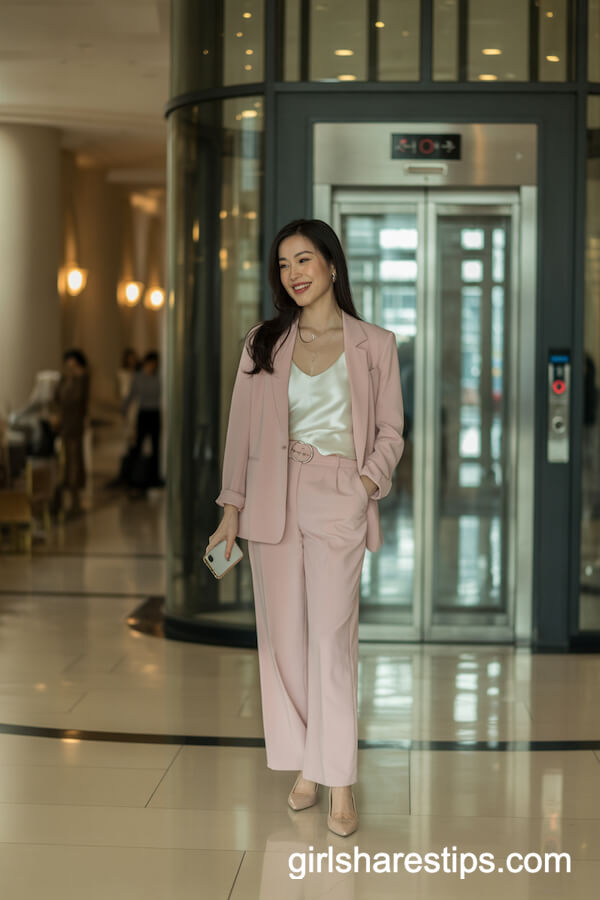 Powder Pink Suit with White Silk Camisole