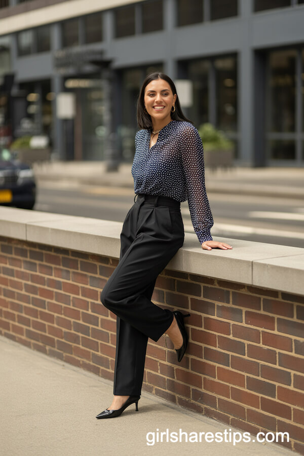 Navy-and-White Polka Dot Blouse with Black Dress Pants