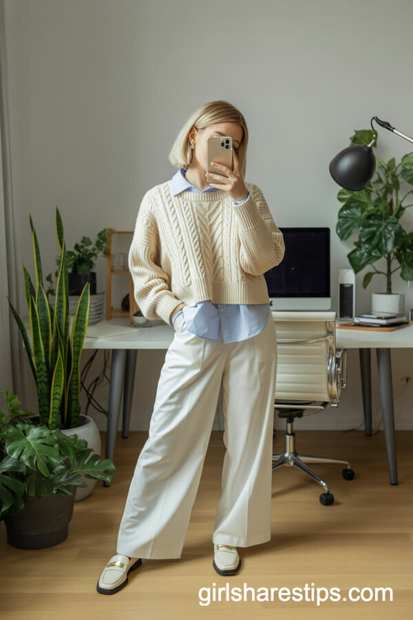 Cream Cable-Knit Sweater with White Wide-Leg Trousers