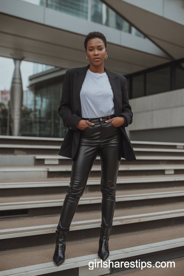 Tailored Black Blazer with Slim Faux Leather Pants