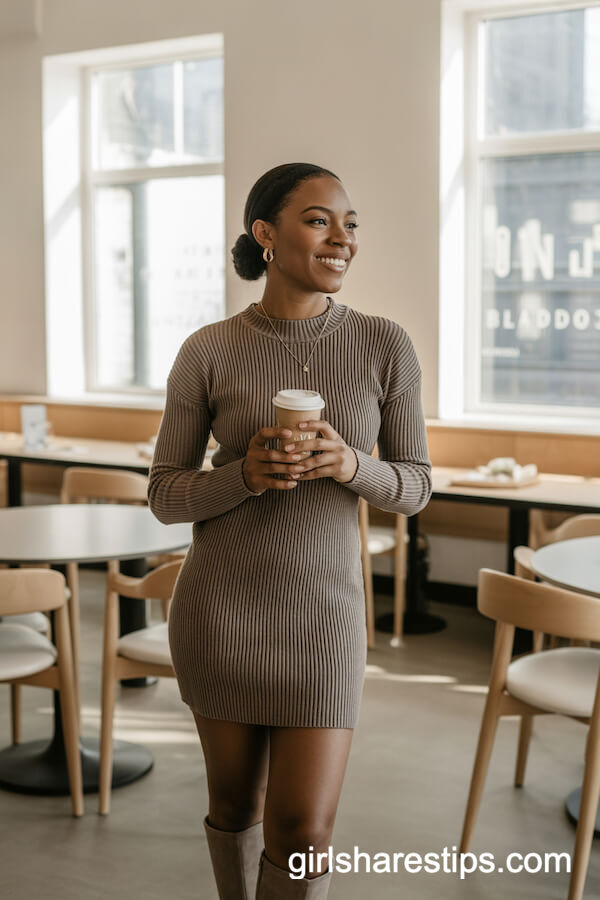 Taupe Sweater Dress with Knee-High Suede Boots