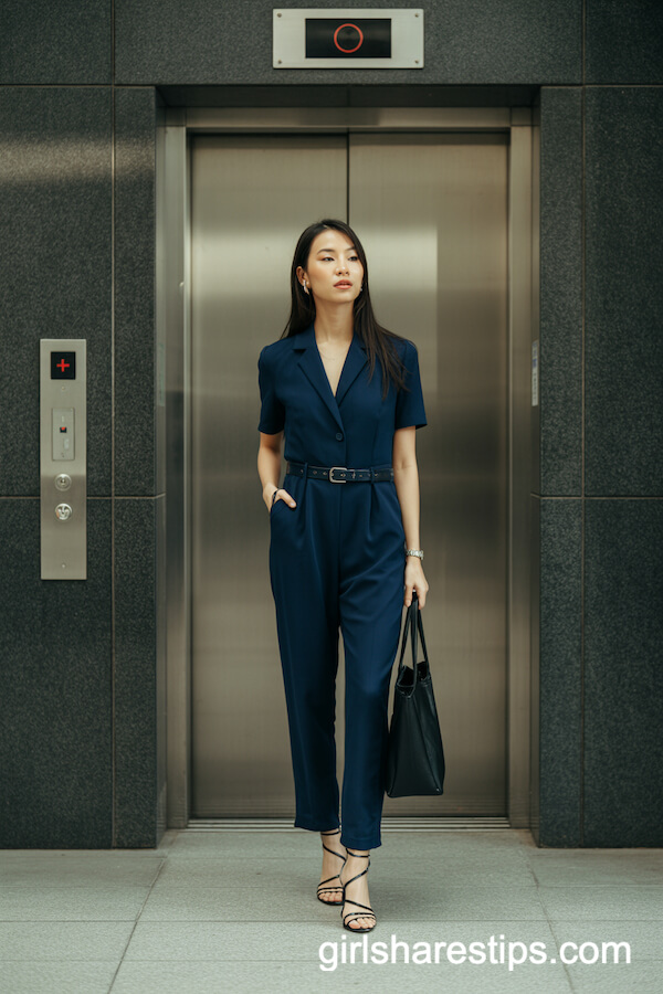 Navy Blue Tailored Jumpsuit with Strappy Heels