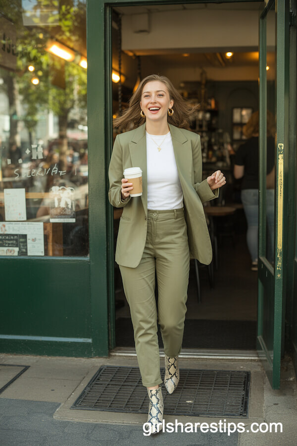 Fitted Khaki Suit with Snake-Print Ankle Boots
