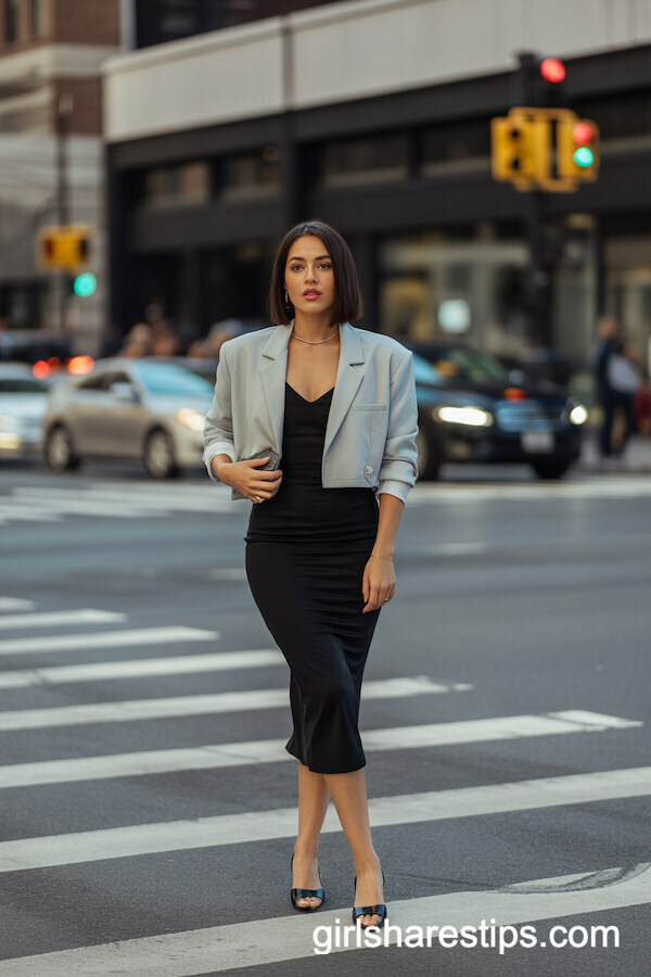 Sleek Black Midi Dress with Pale Gray Cropped Blazer