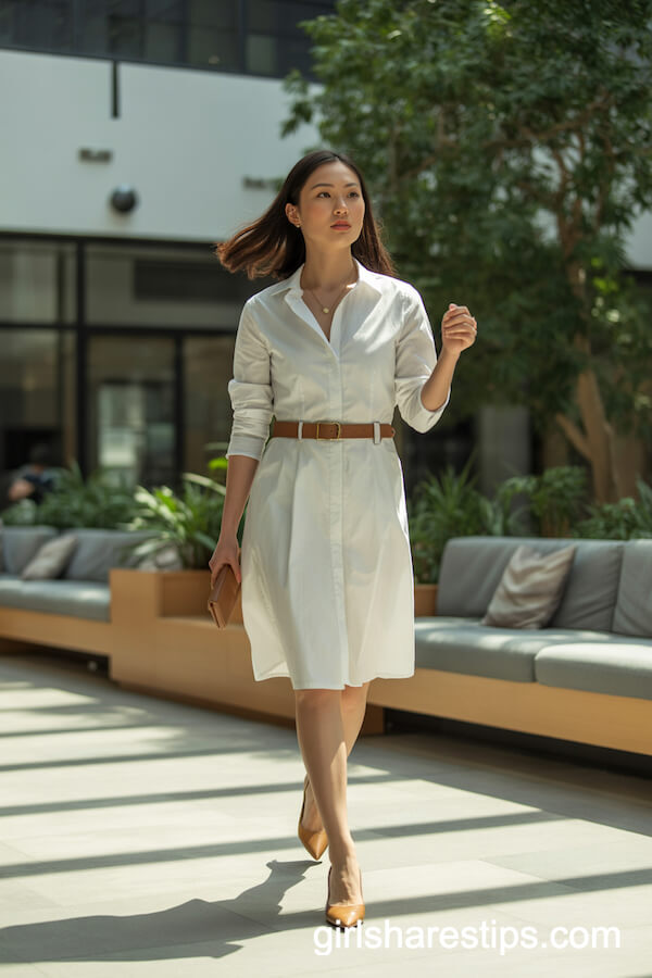White Shirt Dress with Brown Waist Belt