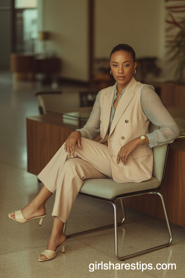 Beige Double-Breasted Vest with Matching Trousers