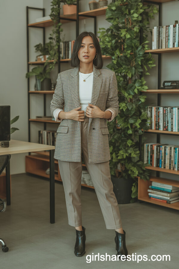 Plaid Blazer with Slim-Fit Trousers