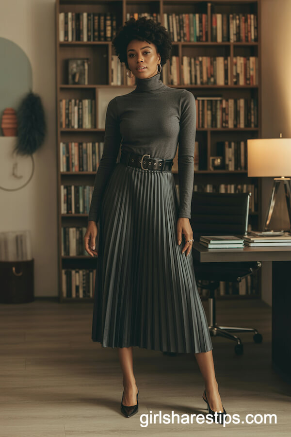 Fitted Charcoal Turtleneck with Pleated Midi Skirt