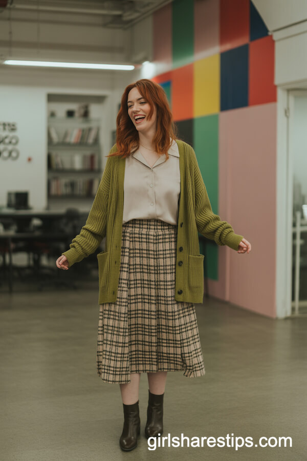 Plaid Midi Skirt with Moss-Green Cardigan