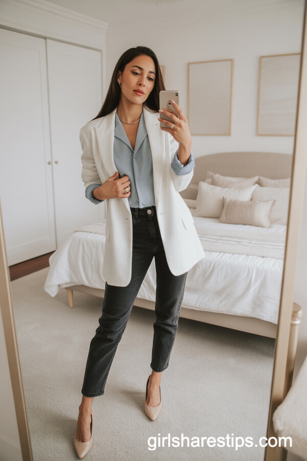 Crisp White Blazer with Dark High-Waisted Jeans