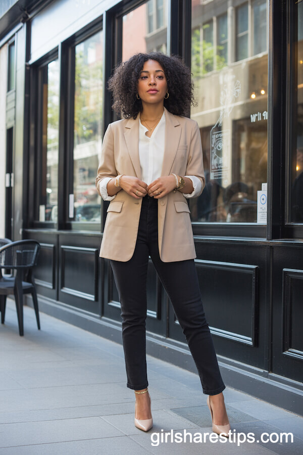 Tailored Beige Blazer with White Blouse and Black Pants